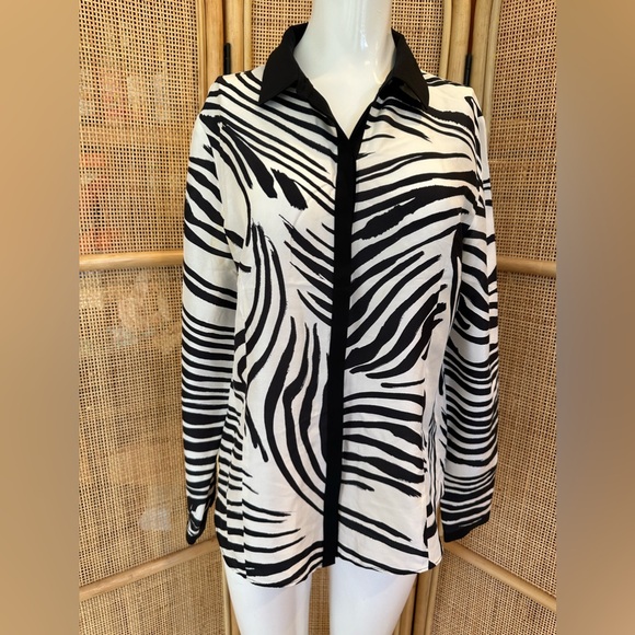 Lafayette 148 New York White Black Long sleeve blouse 100% silk size 10 - Picture 1 of 8